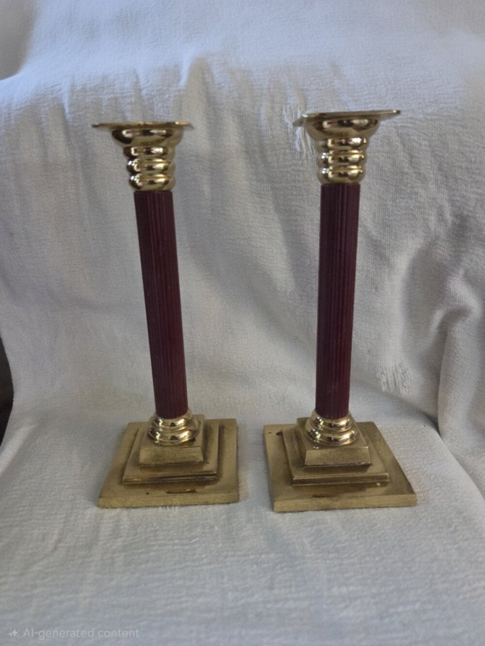 Vintage Brass Burgundy Column Candlestick Holders Pair Neoclassical Regency 7.5"